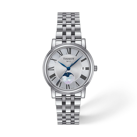 Vooraanzicht van het horloge Tissot Carson Premium 32mm met schaduw