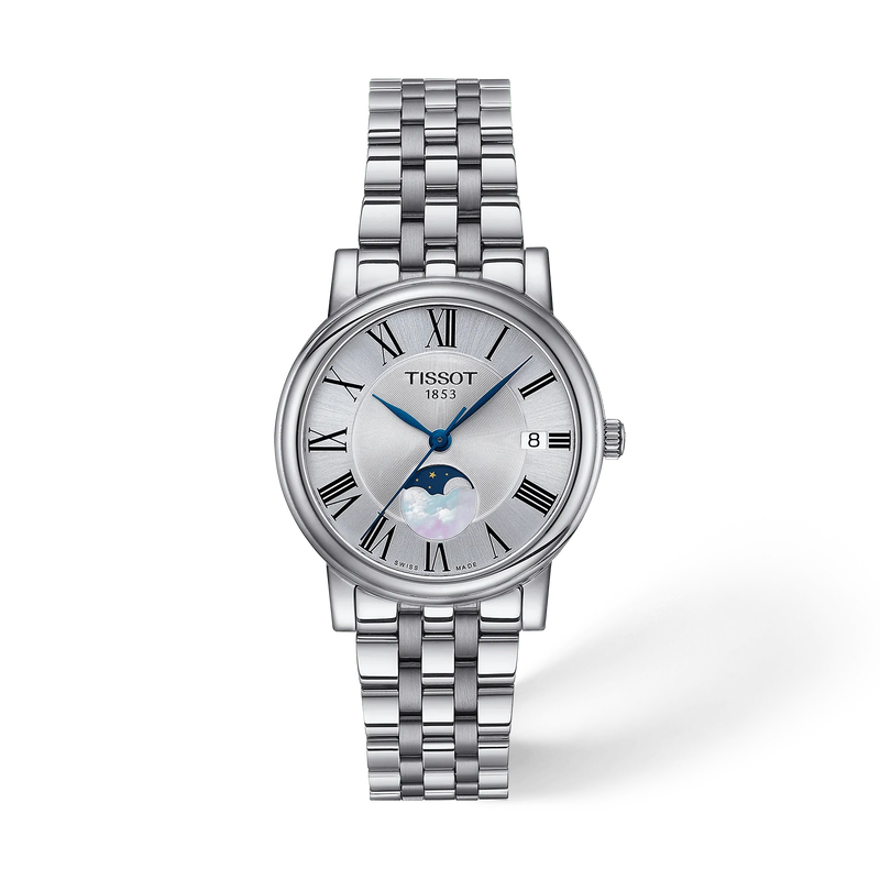 Vooraanzicht van het horloge Tissot Carson Premium 32mm met schaduw