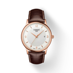 Vista frontal del reloj Tissot Rose Dream 18K Gold con sombra
