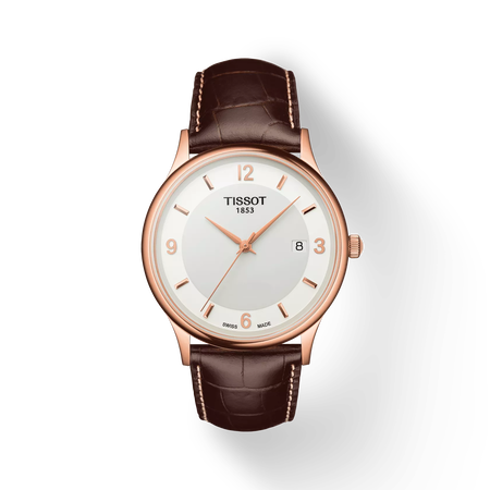 Vista frontal del reloj Tissot Rose Dream 18K Gold con sombra