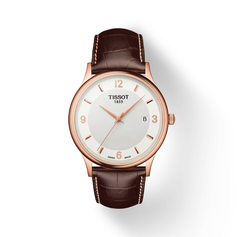 Vista frontal del reloj Tissot Rose Dream 18K Gold con sombra