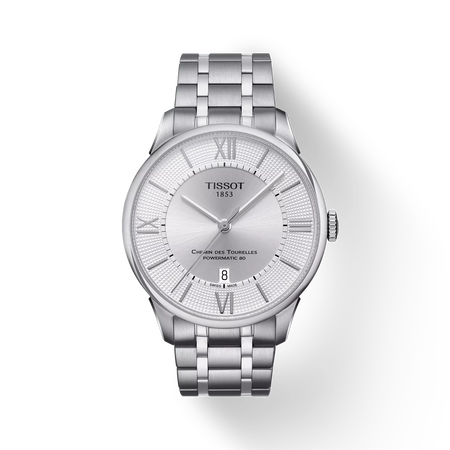 Front view of the watch Tissot Chemin des Tourelles Powermatic 80 with shadow