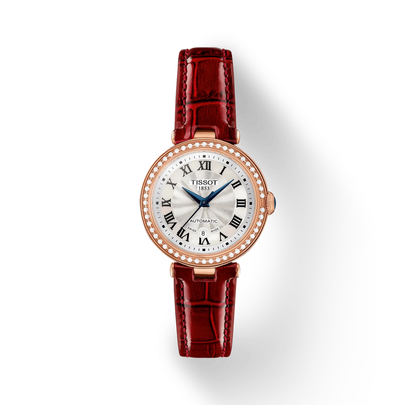 Front view of the watch Tissot Bellissima Automatic Lady with shadow