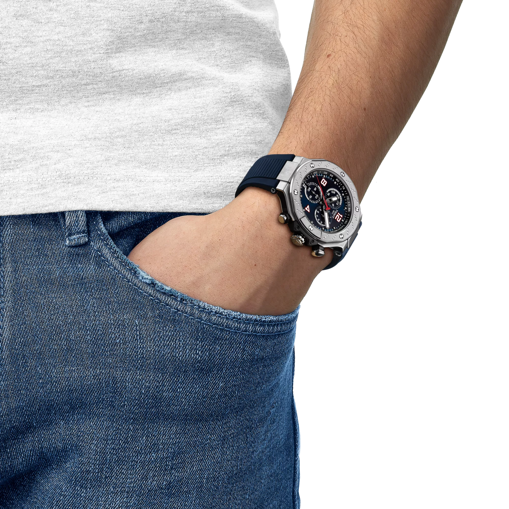 Simulation of the watch Tissot T-Race MotoGP&trade; Chronograph 2024 Limited Edition on a wrist