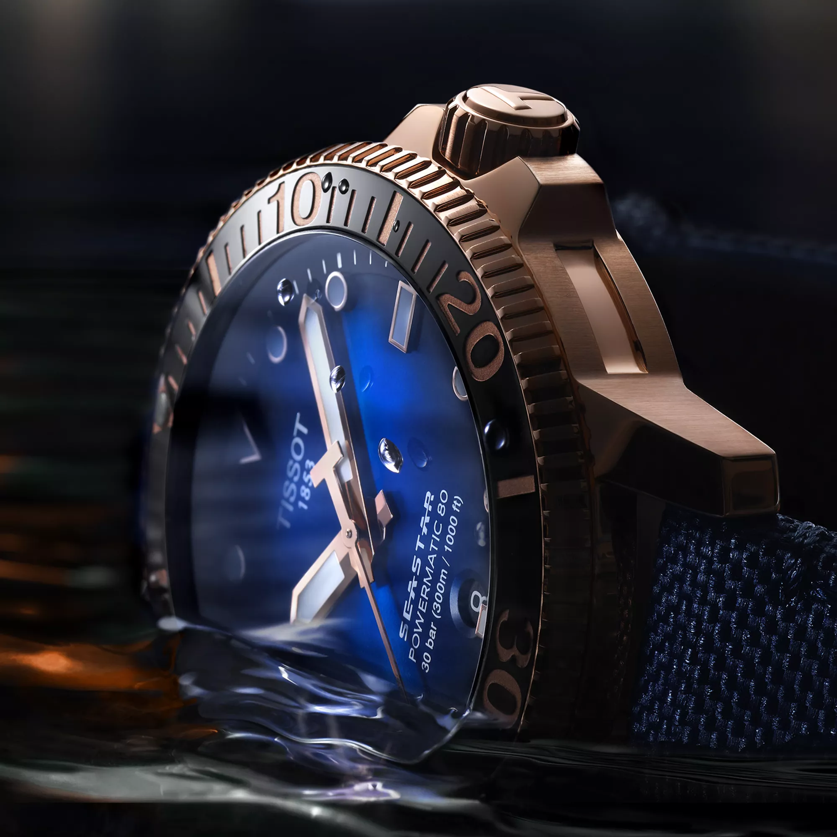 Tissot Seastar 1000 Powermatic 80 watch on a colored background