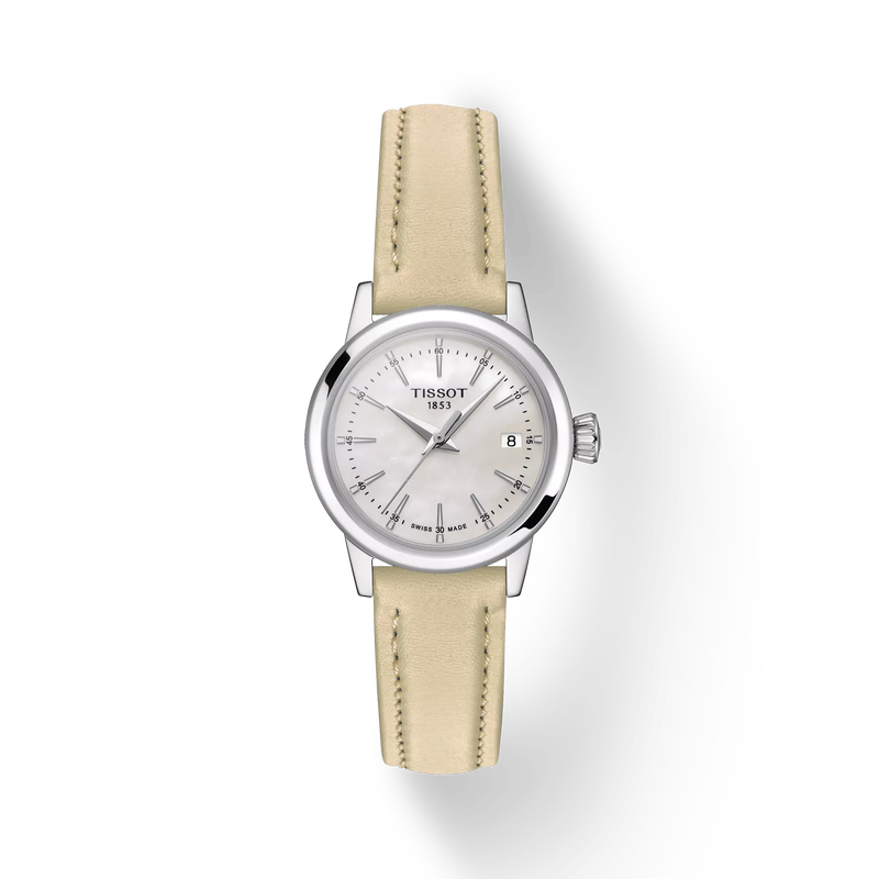 Front view of the watch Tissot Classic Dream 28mm with shadow