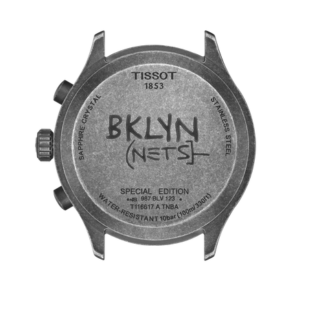Back view of the watch case Tissot Chrono XL Brooklyn Nets