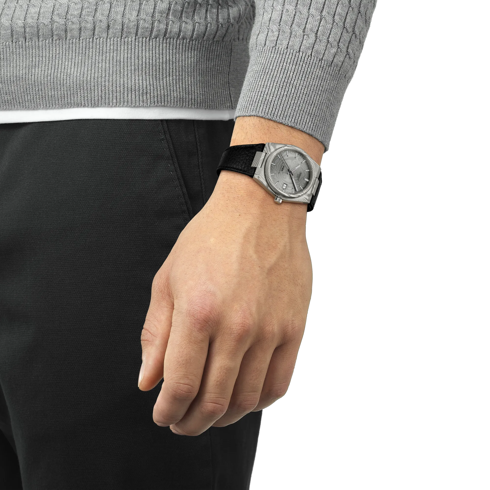 Simulation de la montre Tissot PRX Acier Damas 38mm sur un poignet