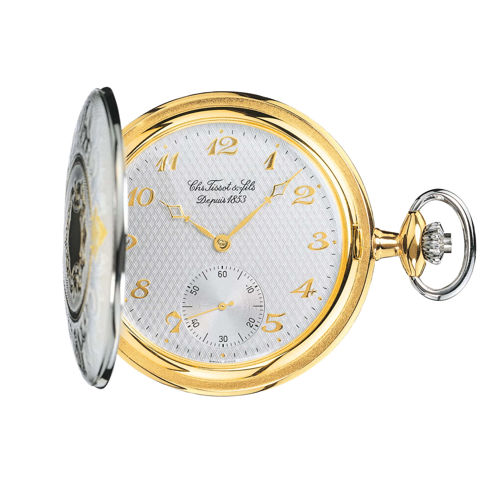 มุมมองด้านหน้าของนาฬิกา Tissot Savonnette Mechanical ที่เปิดอยู่