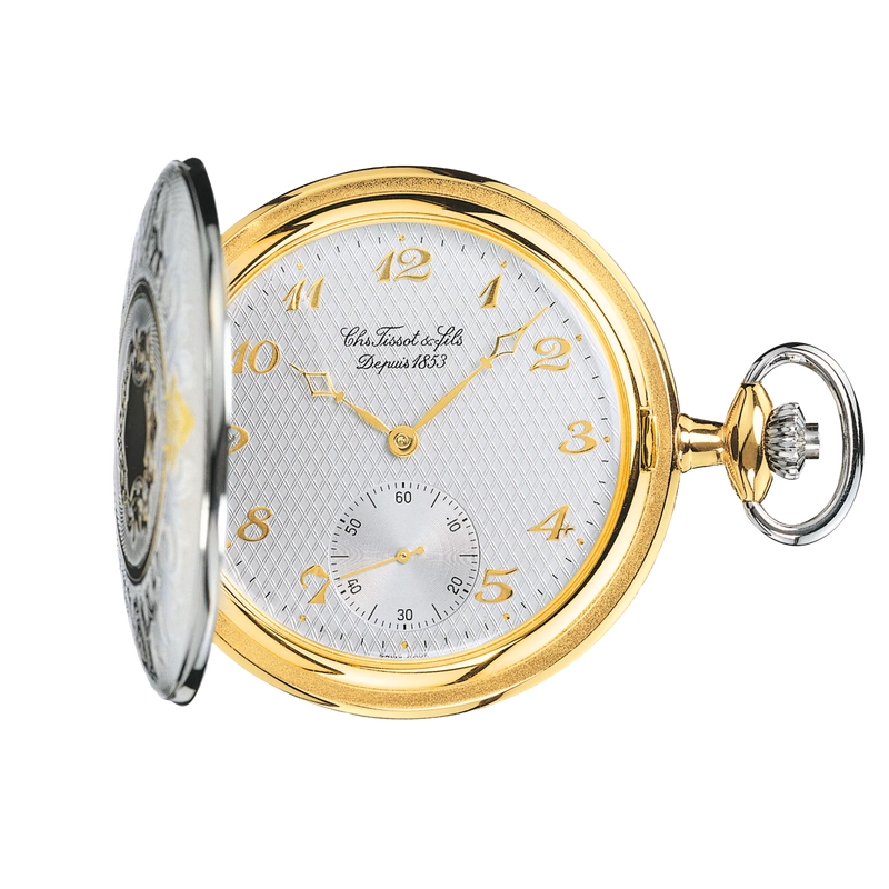 มุมมองด้านหน้าของนาฬิกา Tissot Savonnette Mechanical ที่เปิดอยู่