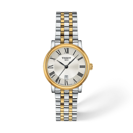 Front view of the watch Tissot Carson Premium 30mm with shadow