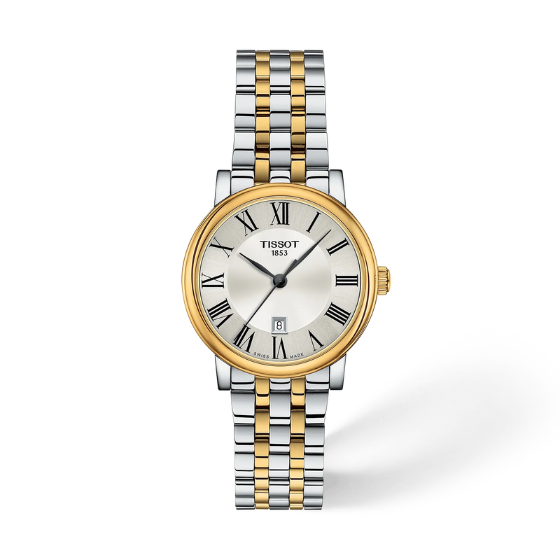Front view of the watch Tissot Carson Premium 30mm with shadow