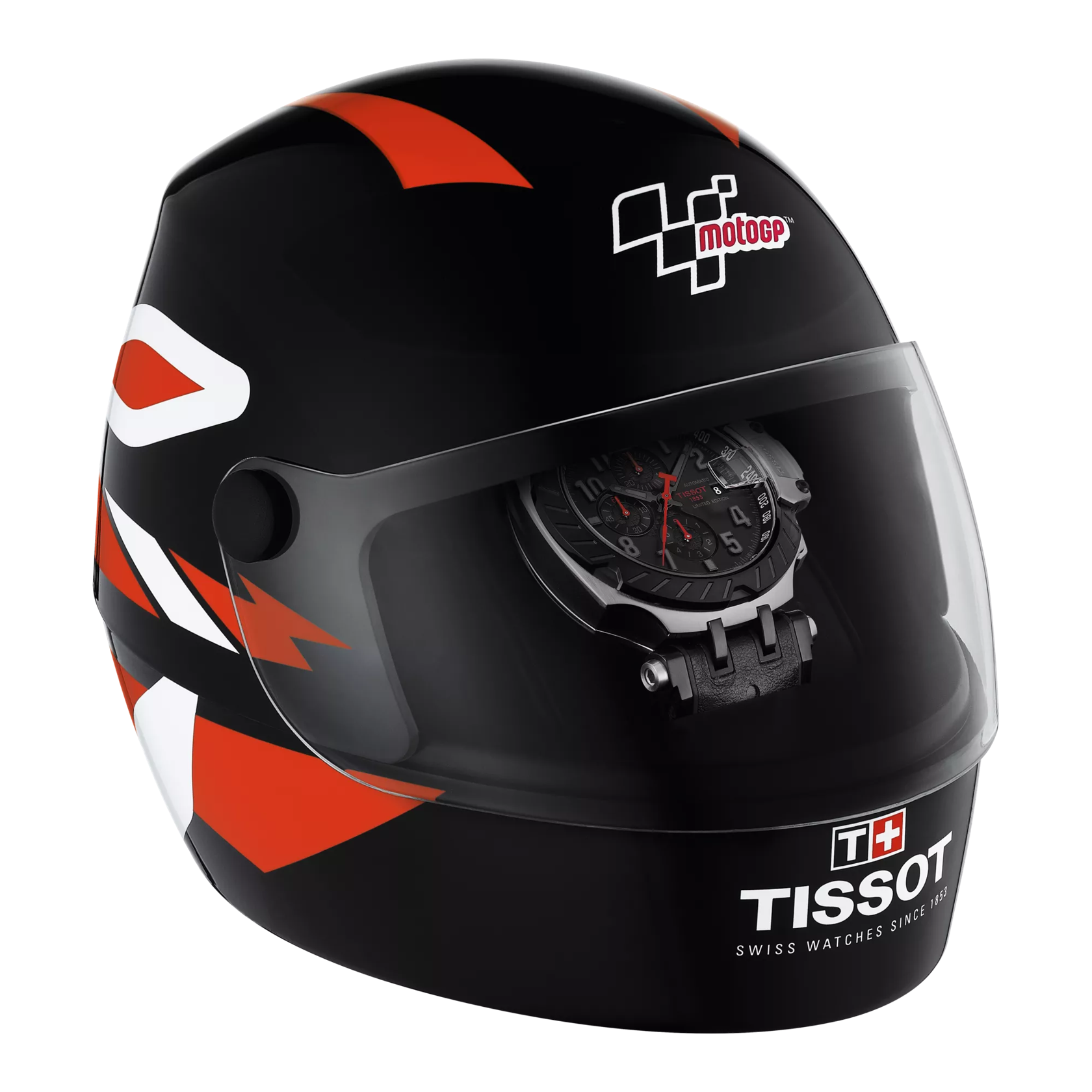 Front view of the watch Tissot T-Race MotoGP Automatic Chronograph with opened