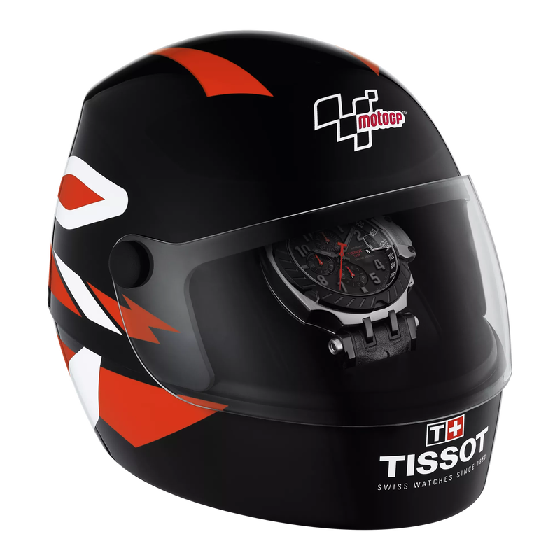 Front view of the watch Tissot T-Race MotoGP Automatic Chronograph with opened