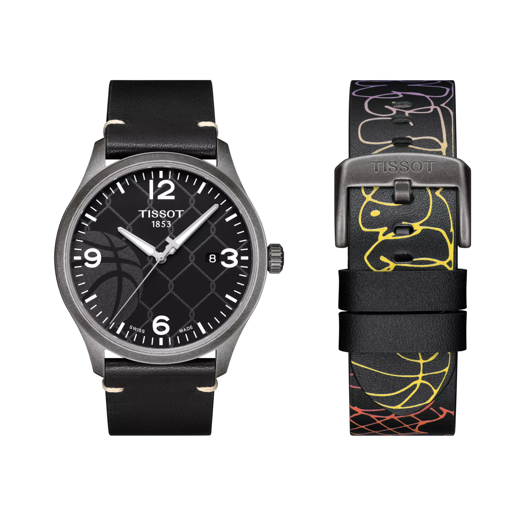 Front view of the watch Tissot Gent XL 3x3 Street Basketball 42mm with additional bracelet