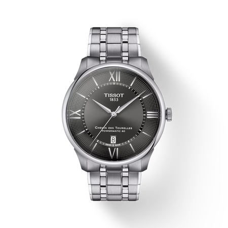 Front view of the watch Tissot Chemin Des Tourelles 42mm with shadow