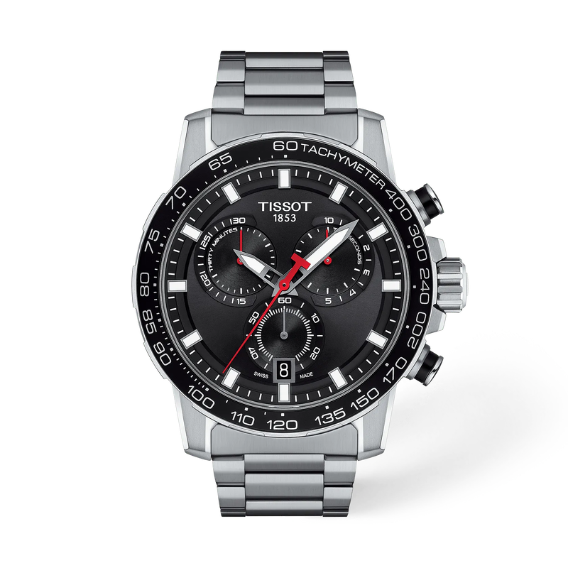 Front view of the watch Tissot Supersport Chrono 45.5mm with shadow
