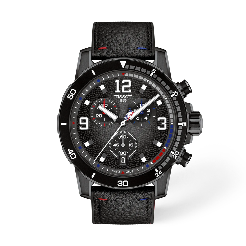 Vue de face de la montre Tissot Supersport NBA Special Edition 45.5mm avec ombre