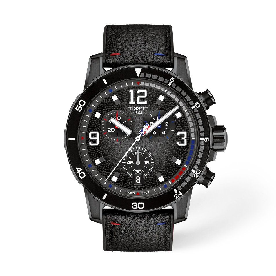 Vorderansicht der Uhr Tissot Supersport NBA Special Edition 45.5mm mit Schatten