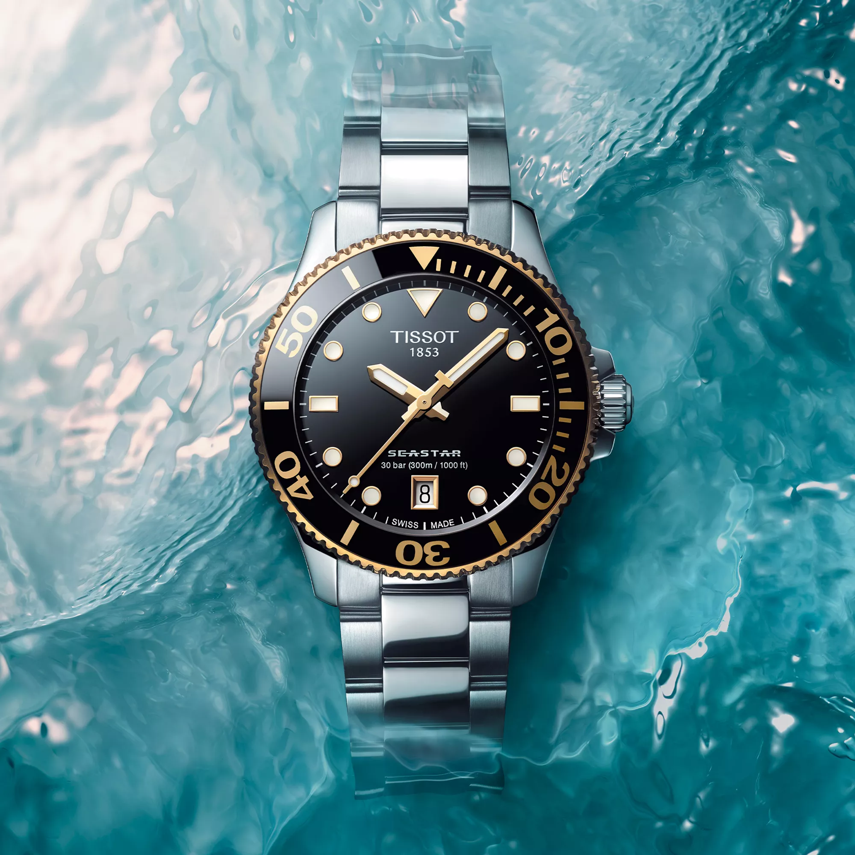 Tissot Seastar 1000 36mm watch on a coloured background