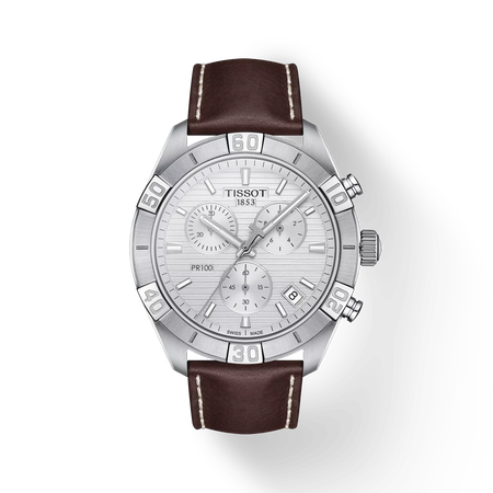 Vue de face de la montre Tissot PR 100 Sport Gent Chronograph avec ombre