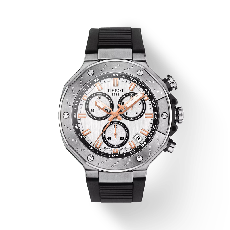 Front view of the watch Tissot T-Race 45mm with shadow