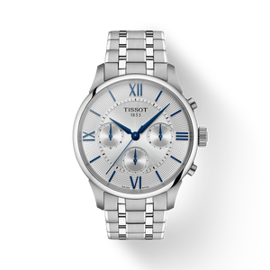 Vista frontal del reloj Tissot Chemin Des Tourelles 42mm con sombra