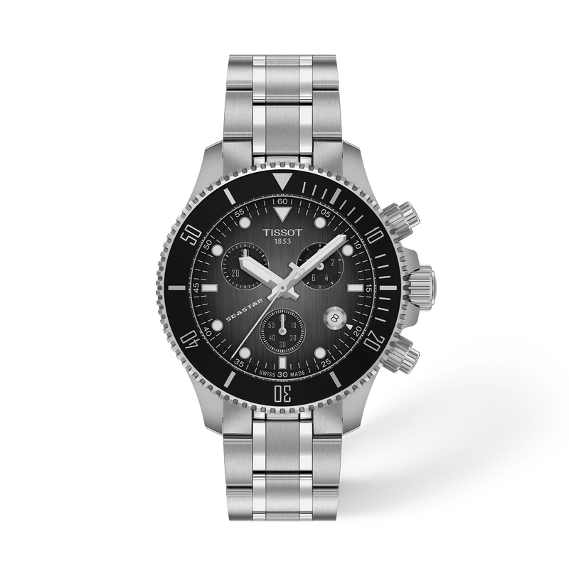 Front view of the watch Tissot Seastar 1000 38mm with shadow