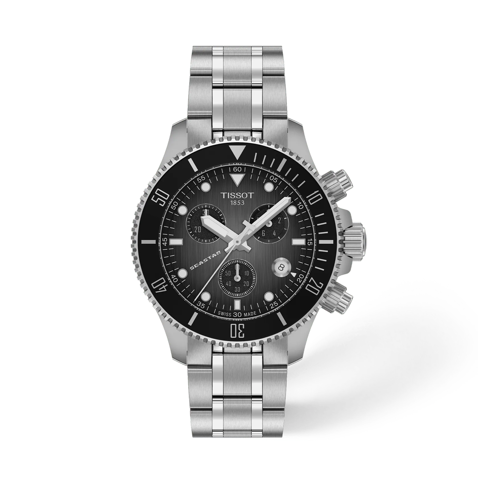 Vorderansicht der Uhr Tissot Seastar 1000 38mm mit Schatten