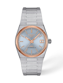 Front view of the watch Tissot PRX Gold 35mm with shadow