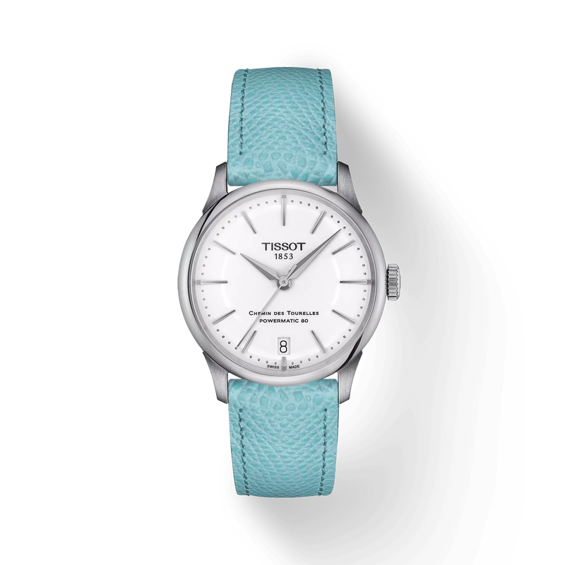 Front view of the watch Tissot Chemin des Tourelles Powermatic 80 34 mm with shadow