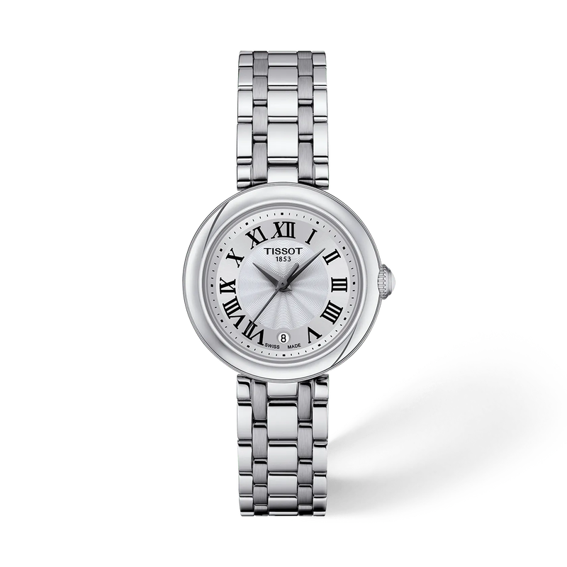 Vista frontal del reloj Tissot Bellissima 26mm con sombra