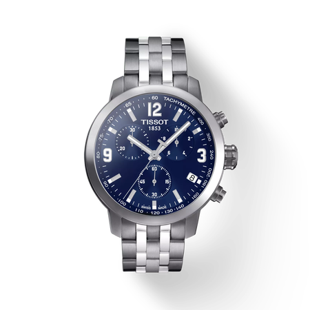 Front view of the watch Tissot PRC 200 Chronograph with shadow