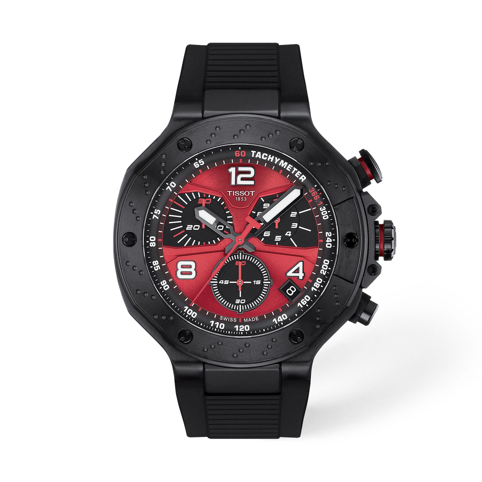 Vorderansicht der Uhr Tissot T-Race MotoGP 2026 45mm mit Schatten