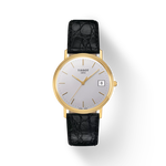 Front view of the watch Tissot Goldrun Hesalite Gold 33.7mm with shadow