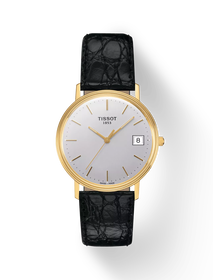 Front view of the watch Tissot Goldrun Hesalite Gold 33.7mm with shadow