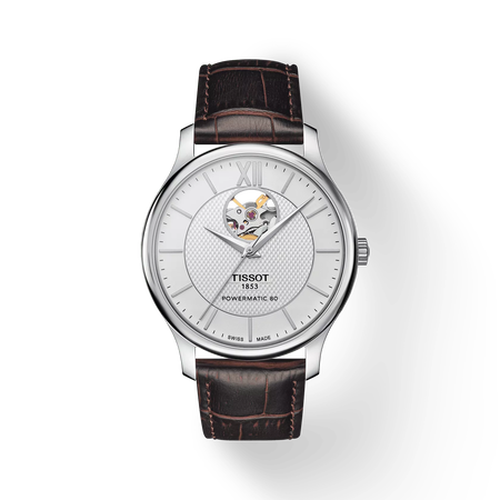 Front view of the watch Tissot Tradition Powermatic 80 Open Heart with shadow