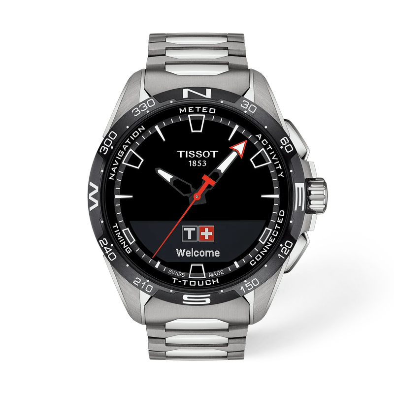 Front view of the watch Tissot T-Touch Connect Solar 47.5mm with shadow