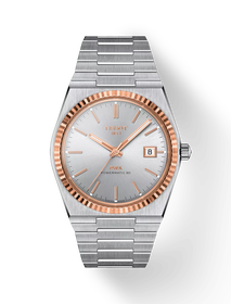 그림자가 있는 티쏘 PRX 파워매틱 80 스틸 & 18K 골드 베젤 시계의 전면 보기