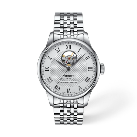 Front view of the watch Tissot Le Locle Open Heart 39.3mm with shadow