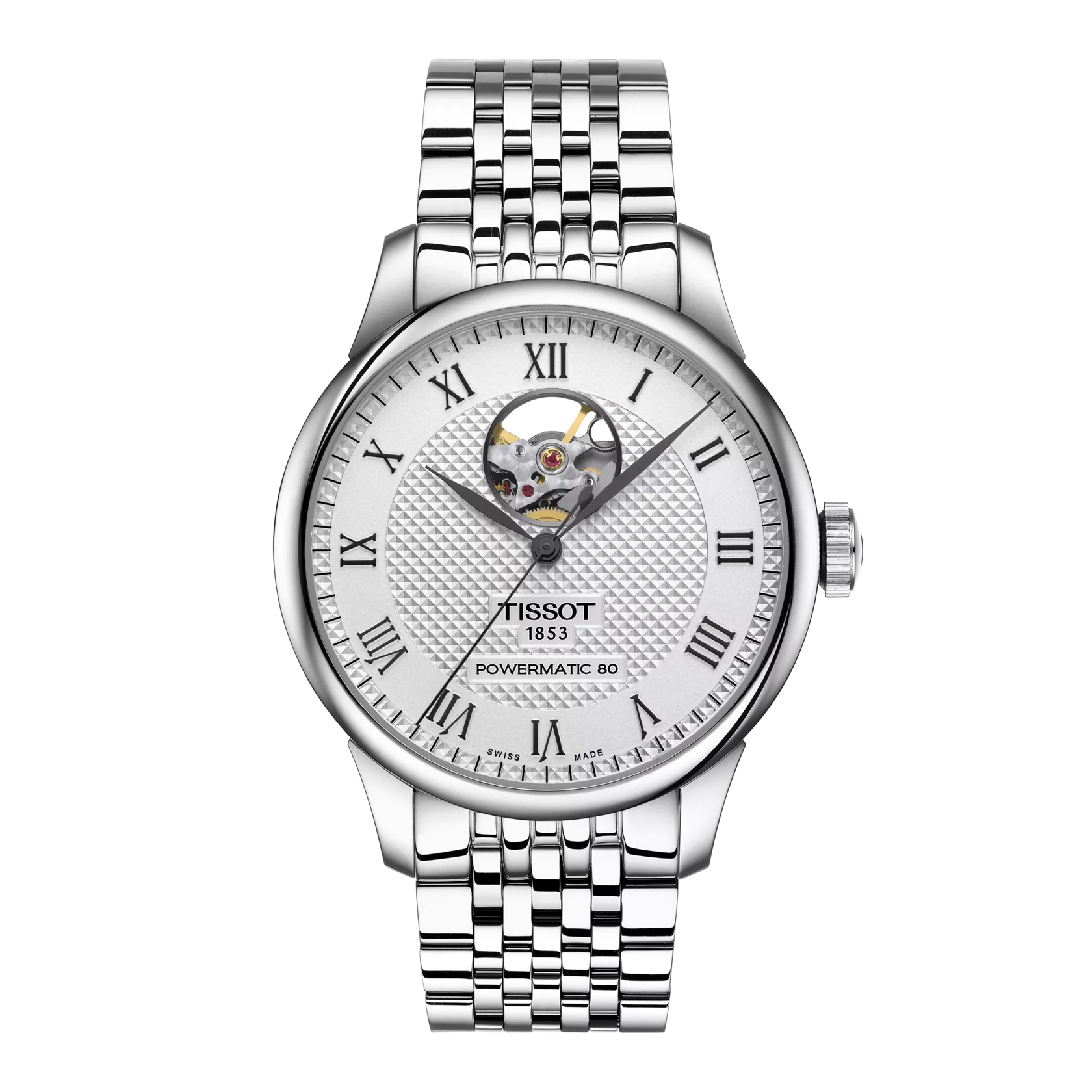 시계 전면 보기 티쏘 르로끌 파워매틱 80 오픈 하트