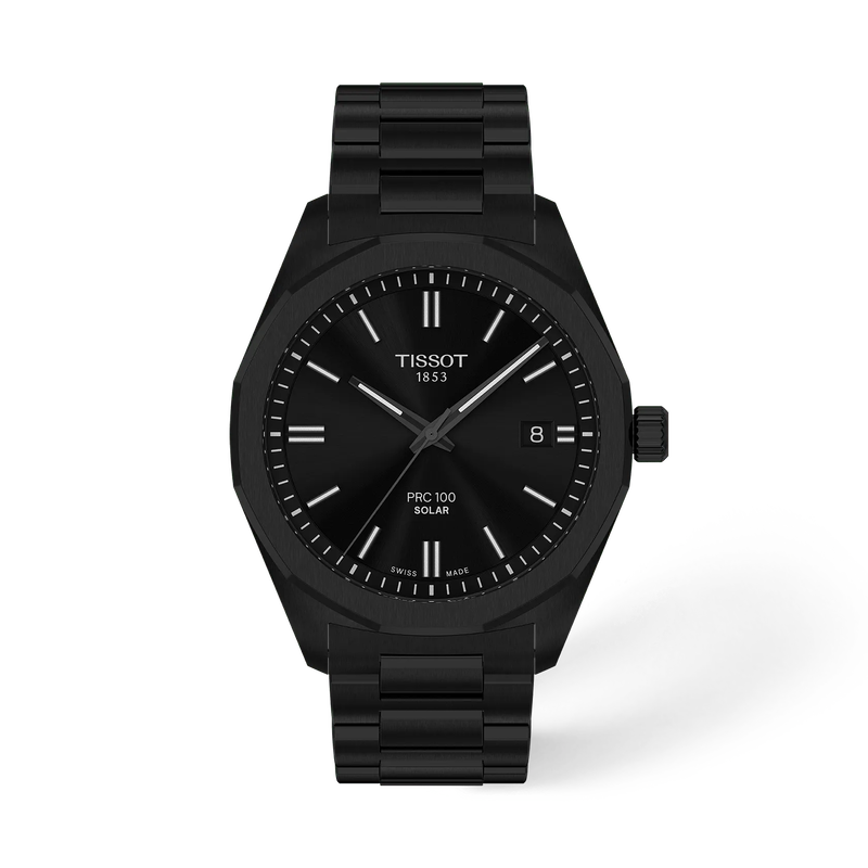 Vue de face de la montre Tissot PRC 100 Solar 39mm avec ombre