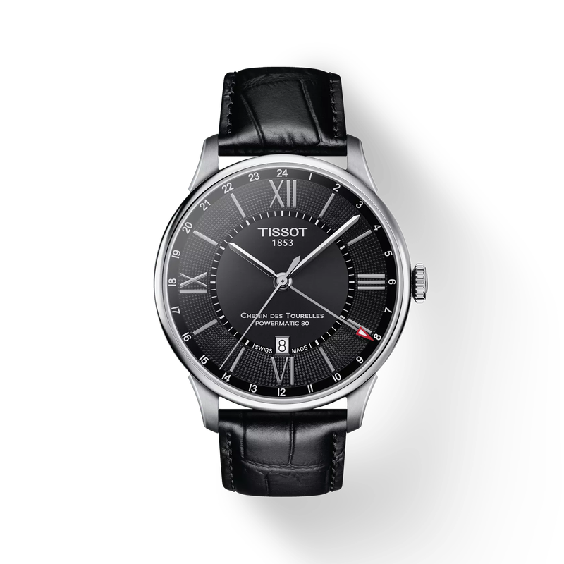 Front view of the watch Tissot Chemin des Tourelles Powermatic 80 GMT with shadow