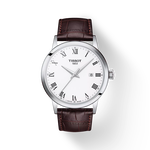 그림자가 있는 티쏘 클래식 드림 시계의 전면 보기