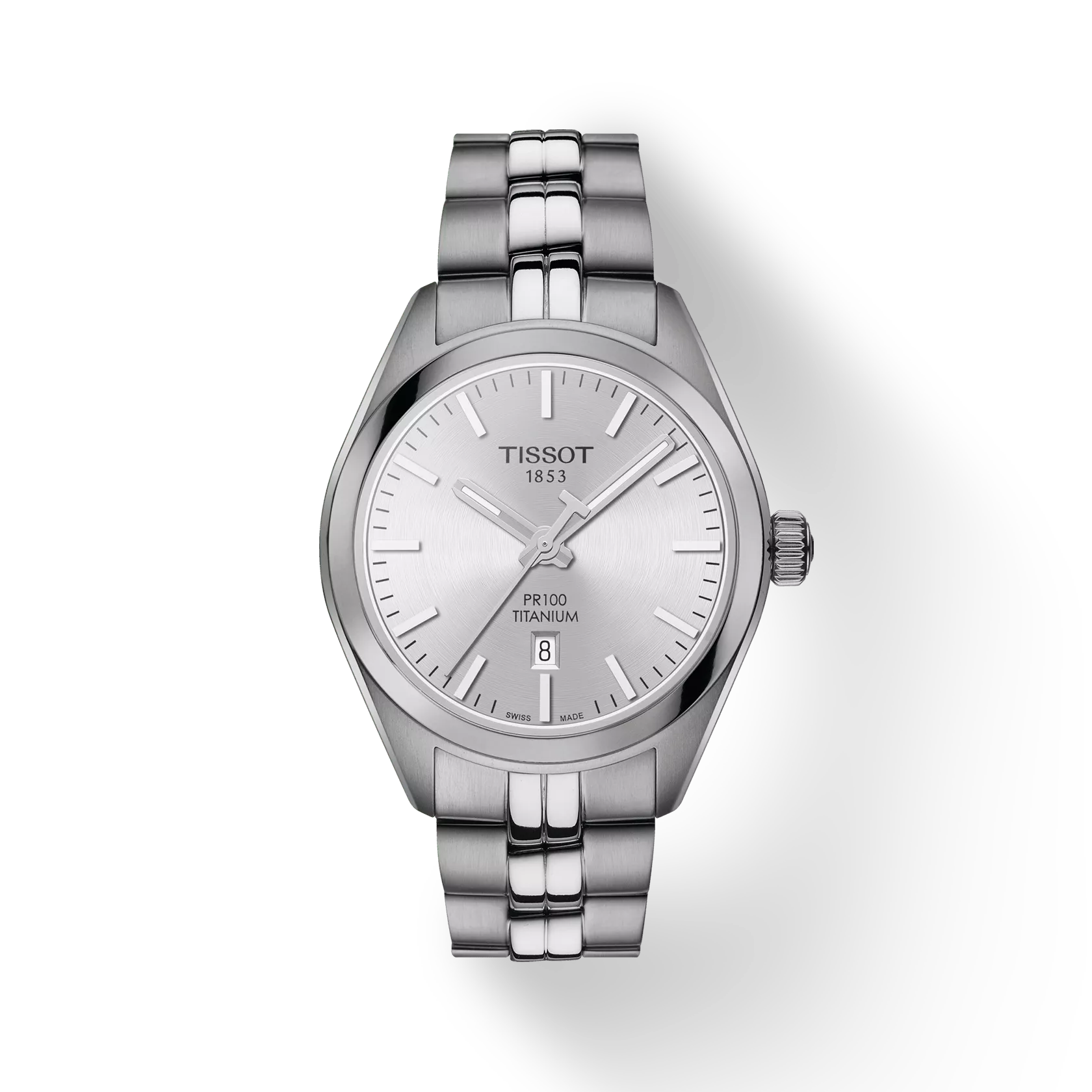 Front view of the watch Tissot PR 100 Titanium Quartz Lady with shadow