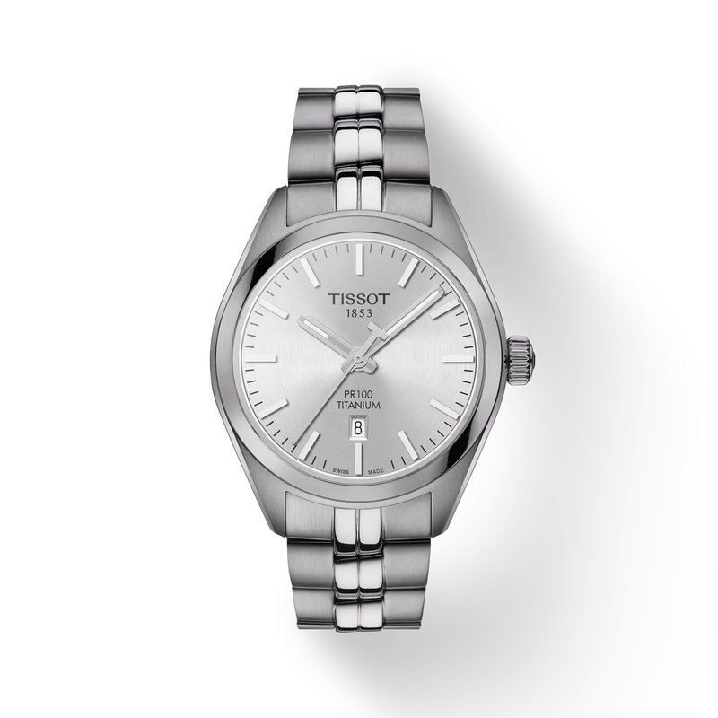 Front view of the watch Tissot PR 100 Titanium Quartz Lady with shadow