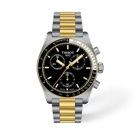 그림자가 있는 티쏘 PR516 크로노그래프 시계의 전면 보기