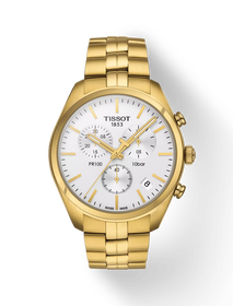 มุมมองด้านหน้าของนาฬิกา Tissot PR 100 Chronograph พร้อมเงา
