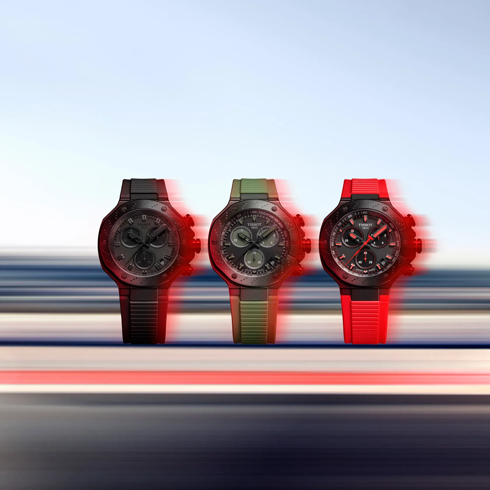 Tissot T-Race 45mm watch on a colored background