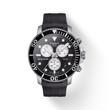 มุมมองด้านหน้าของนาฬิกา Tissot Seastar 1000 Chronograph พร้อมเงา